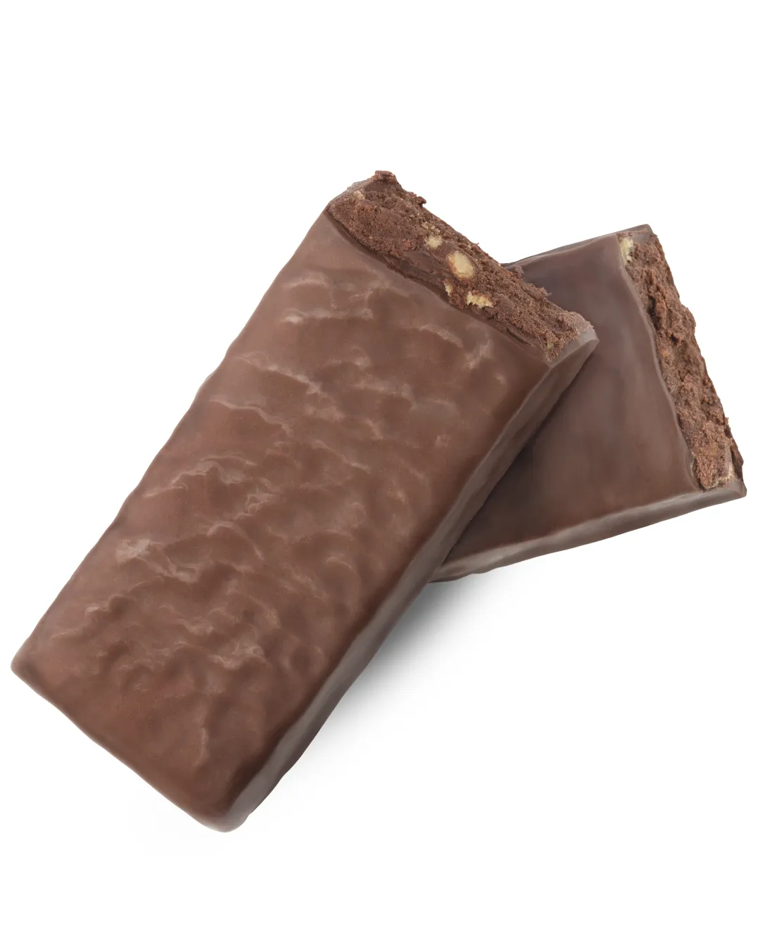 Two chocolate-covered protein bars, one slightly overlapping the other, on a white background.