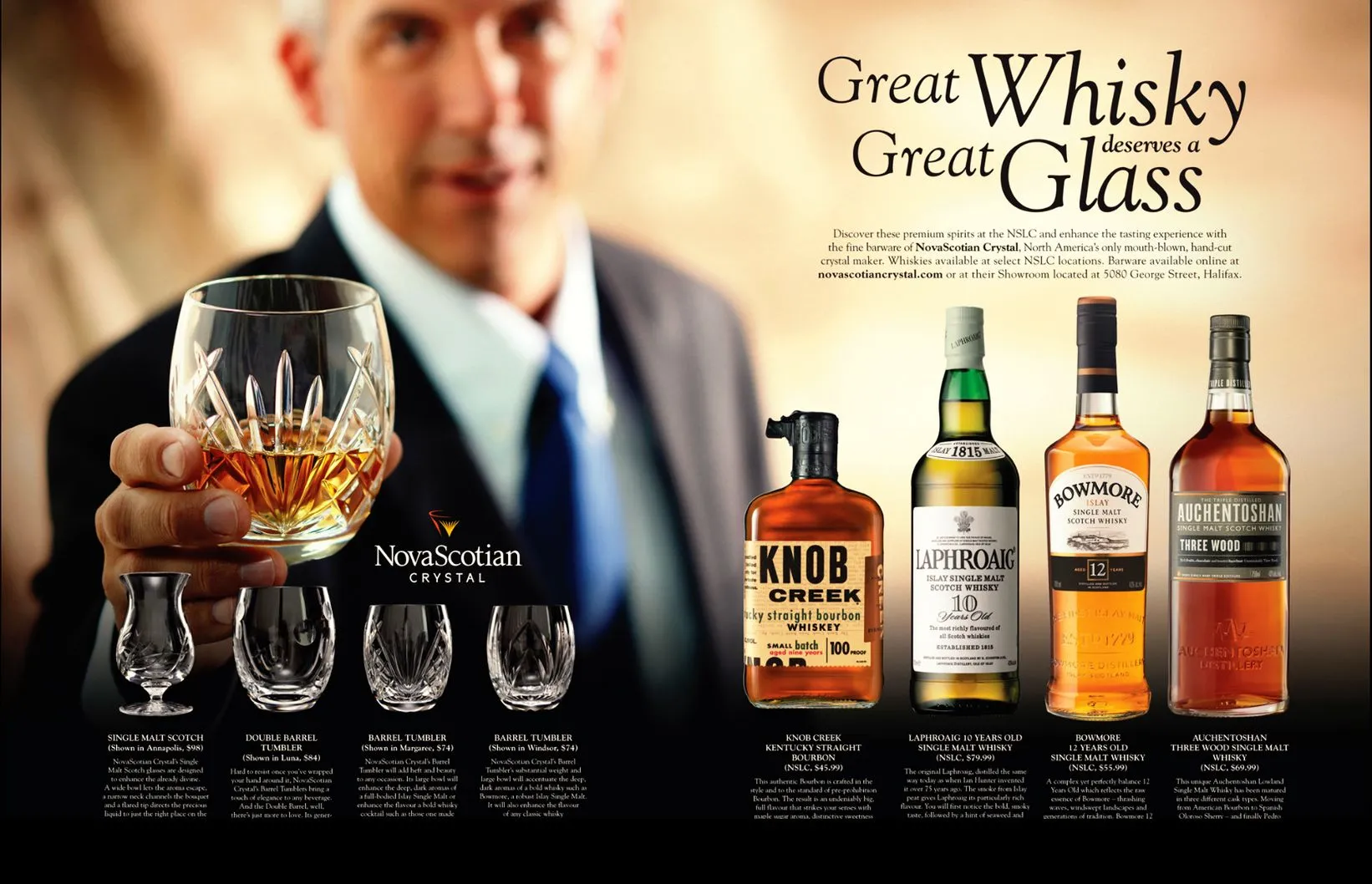 An advertisement featuring NovaScotian Crystal barware and premium whiskies, showcasing a man holding a crystal glass filled with amber liquid.